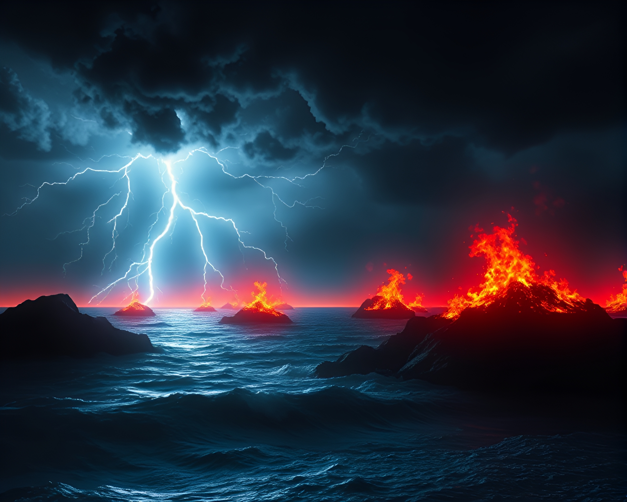 Midnight Storm: Embers Dancing above Dark Ocean – free AI stock image