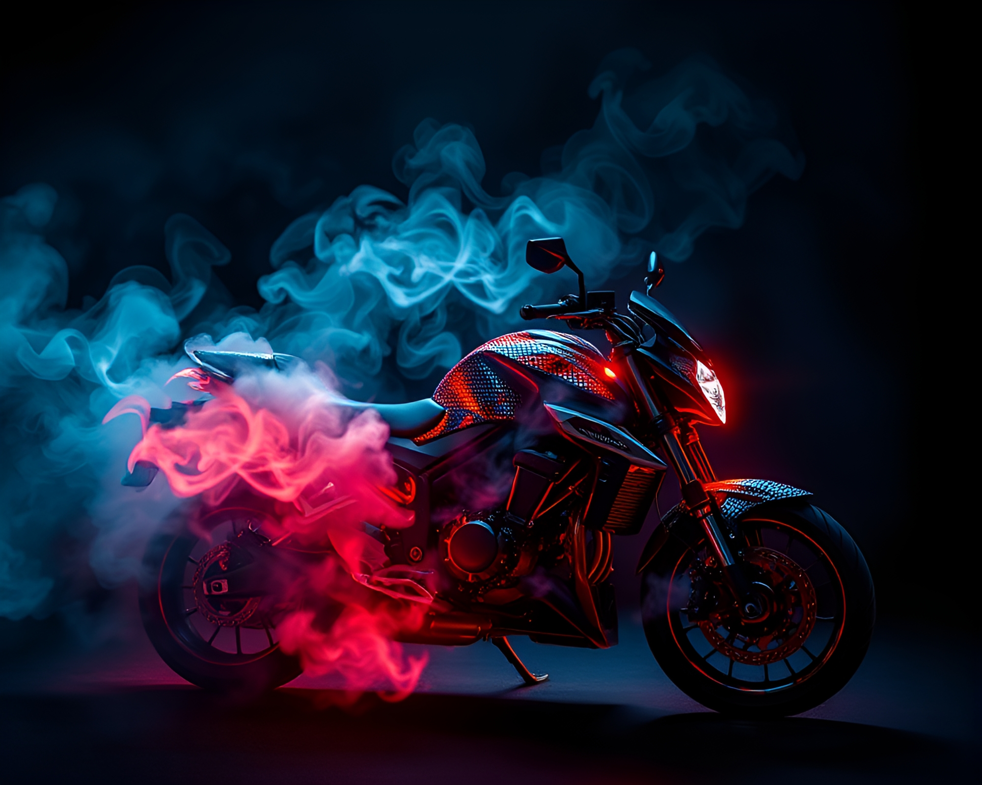Neon Motorcycle Racing through Mosaic Light Smoke Swirls – free AI stock image