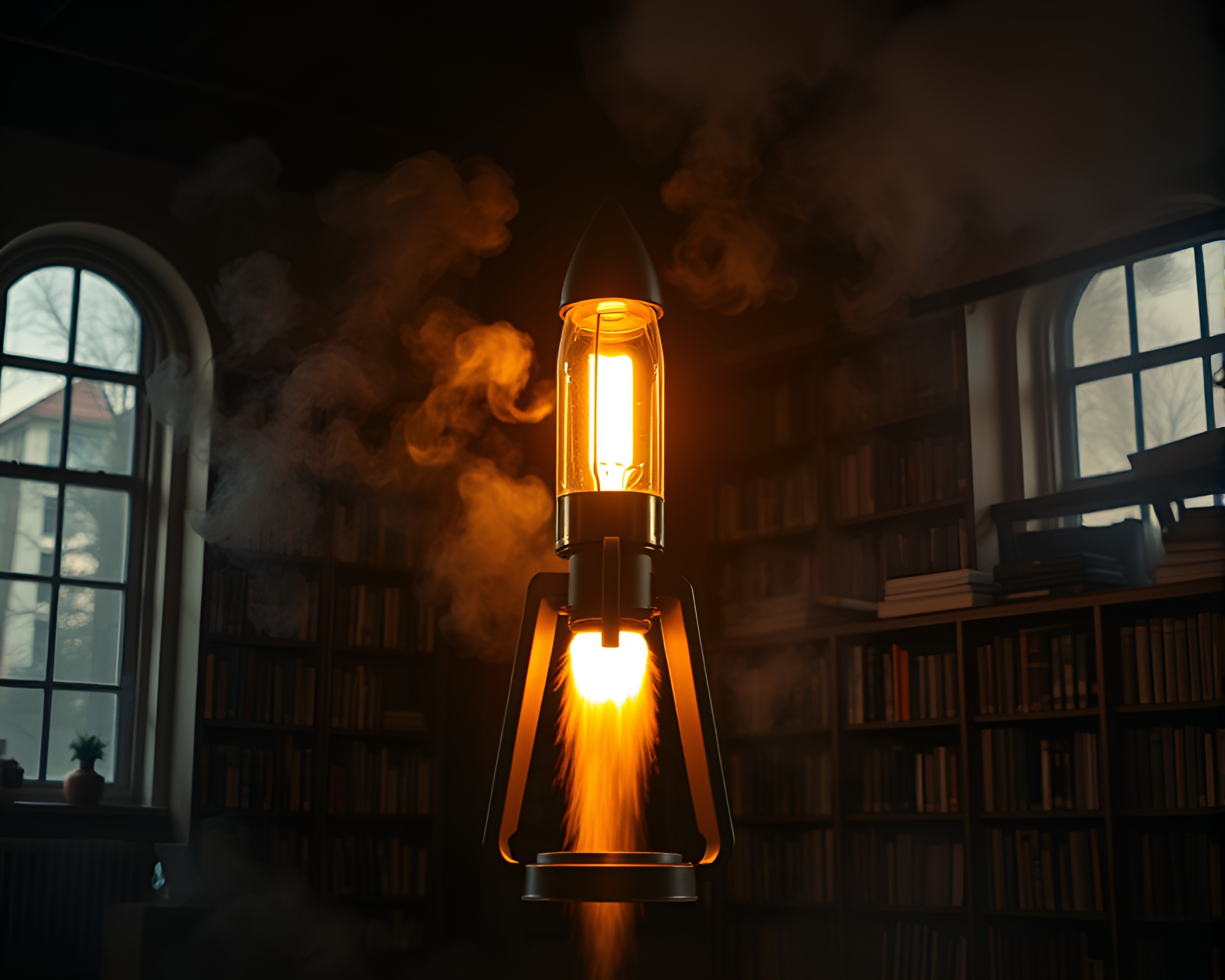 Rocket Launch in Library Glow at Sunset – free AI stock image