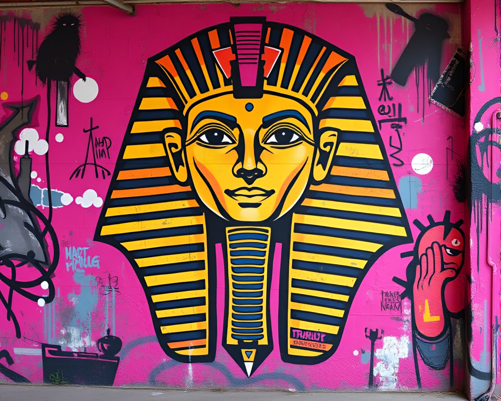 Graffiti mural of Pharaoh's mask in magenta lighting