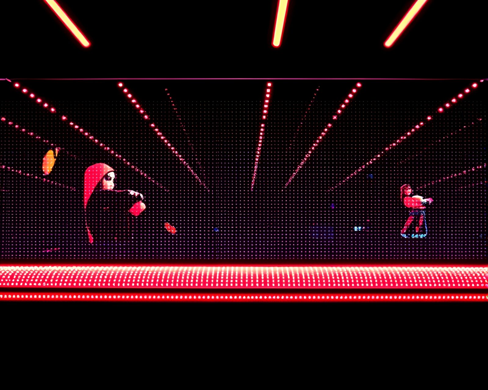 Vibrant halftone grid collage with monorail amid flashy club lights