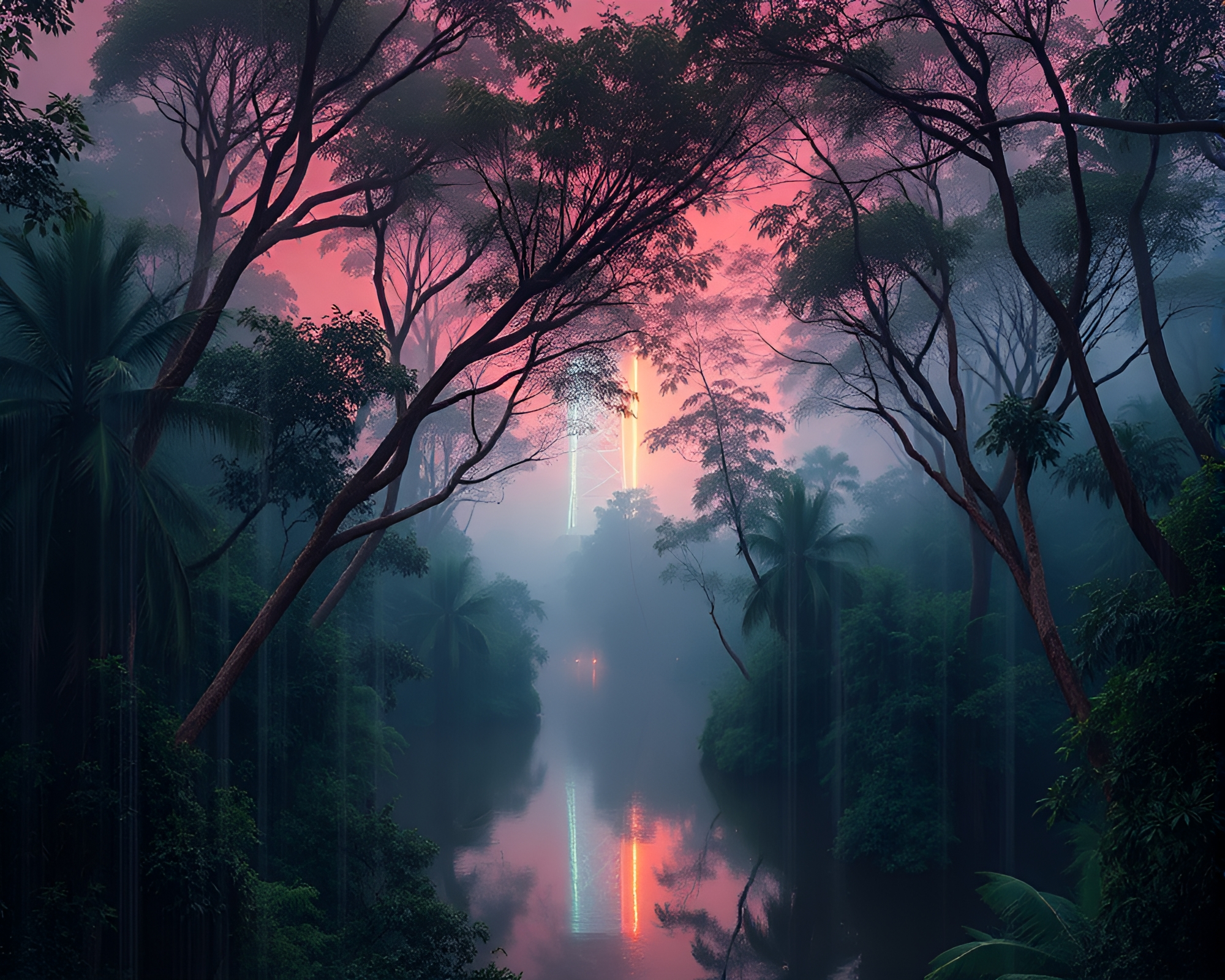 Neon Rainforest Canopy Lithograph – free AI stock image