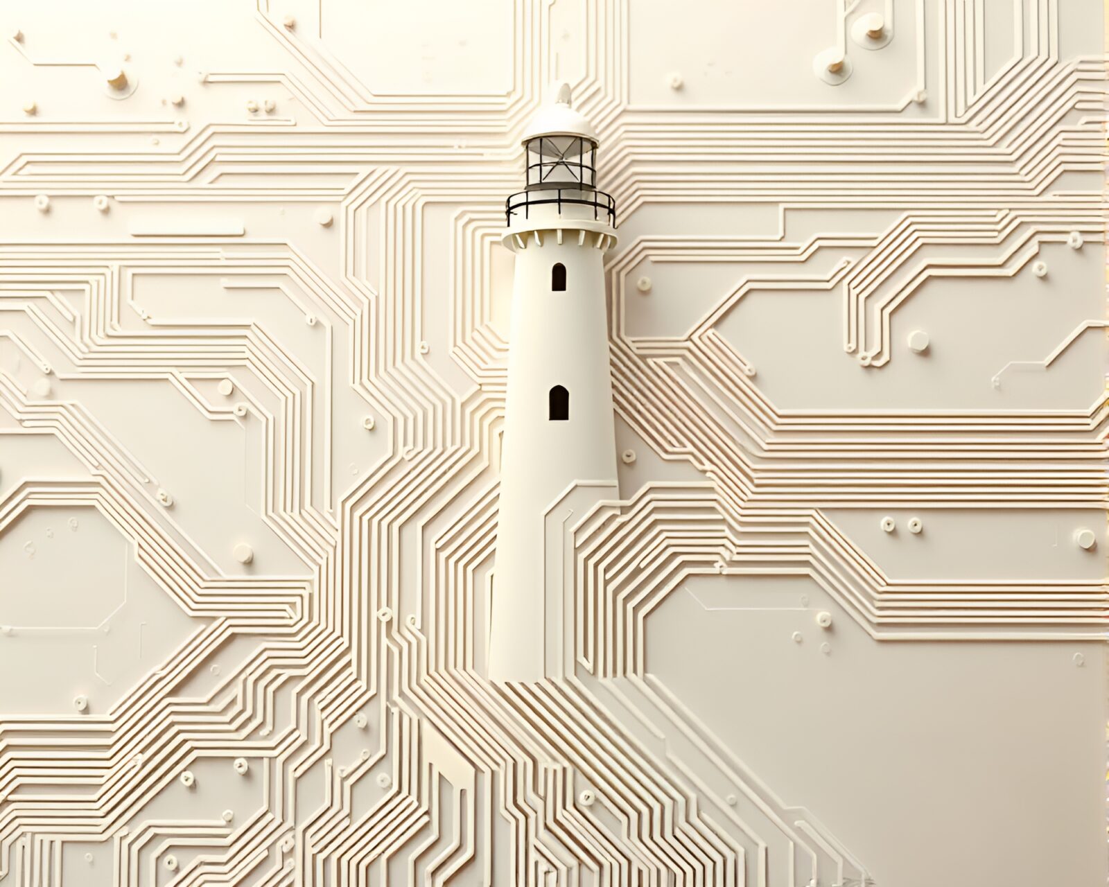 Futuristic ivory white lighthouse blending with electronic circuit patterns