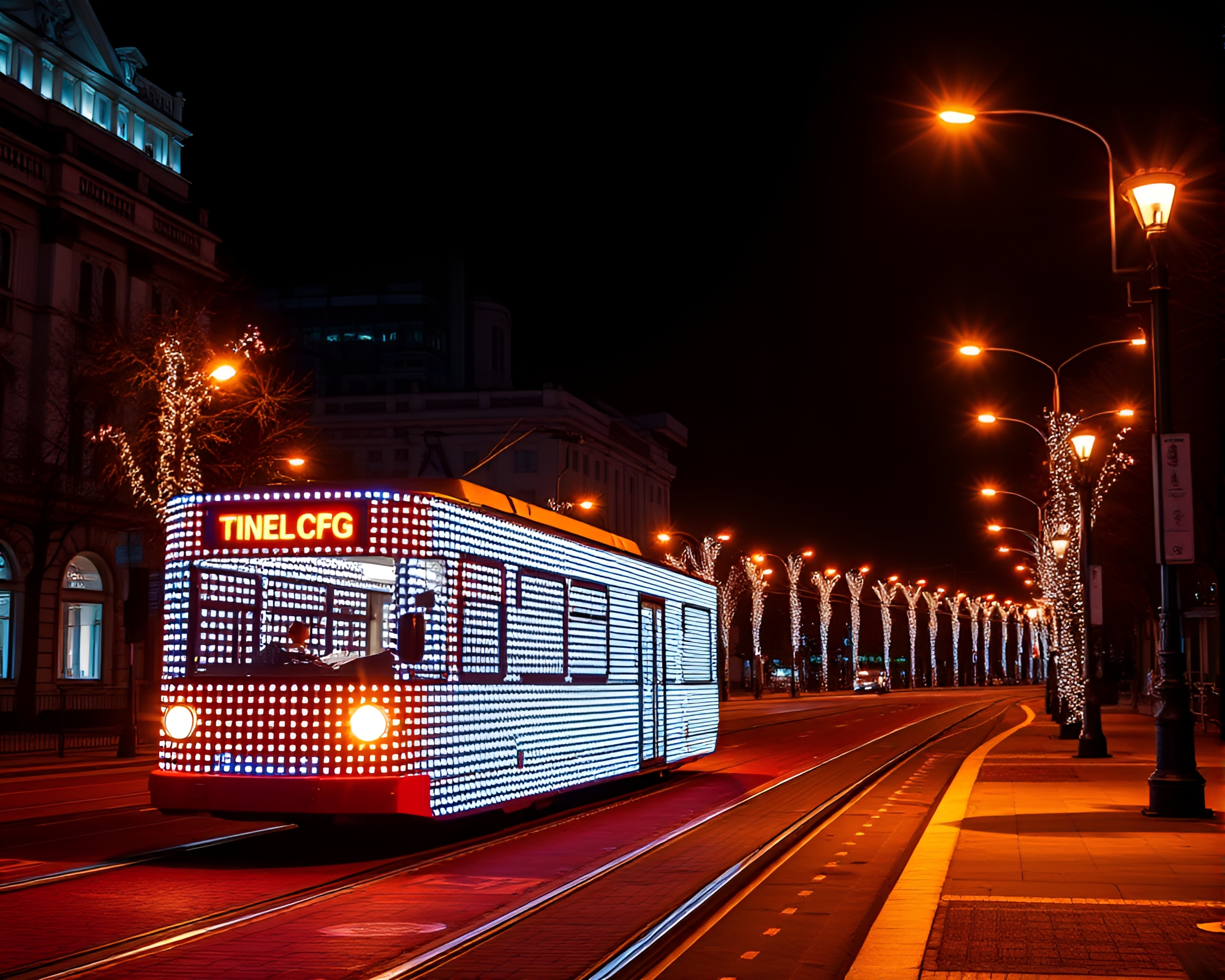 Neon Cable Car Journey Through Pixelated Urban Night – free AI stock image
