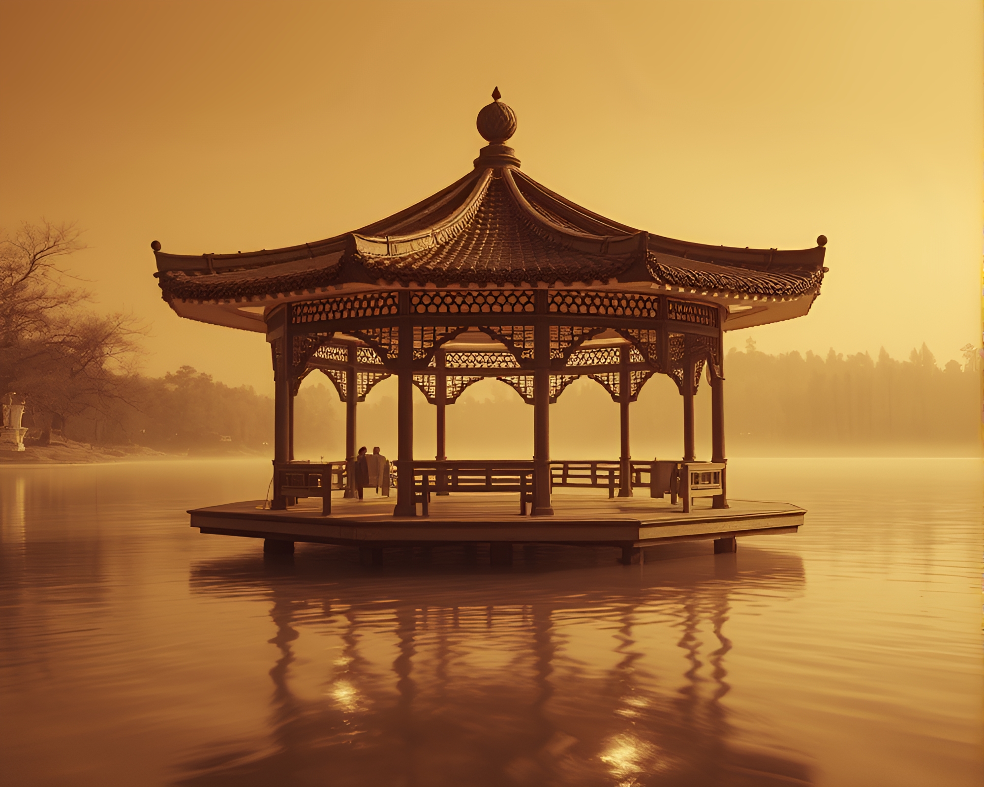 Ethereal Floating Pavilion in Sepia Thermal Imaging – free AI stock image
