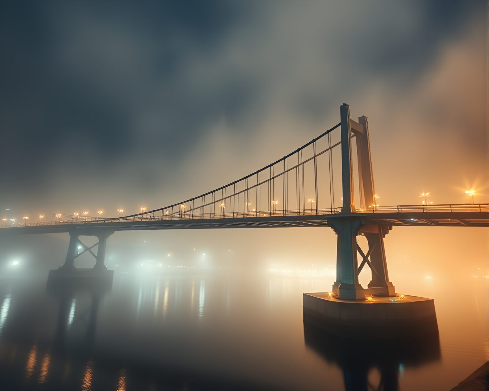 Low-angle view of a 3D scanned glass bridge enveloped in haze
