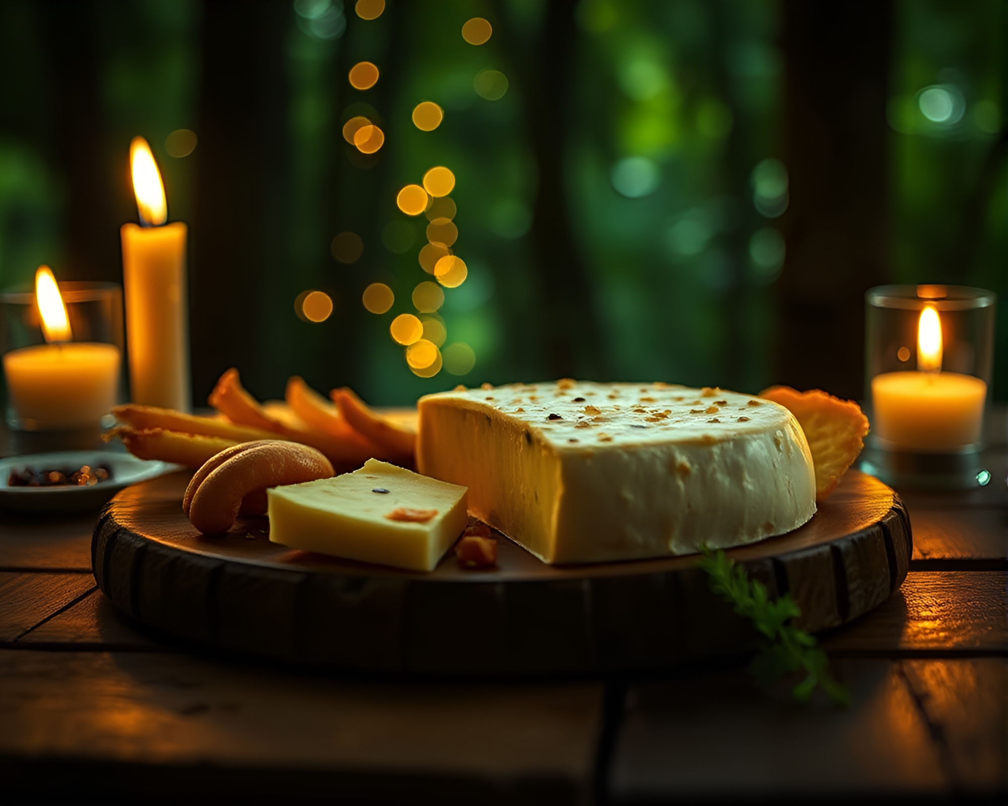 Enchanting Forest-Green Cheese Platter Light Painting – free AI stock image