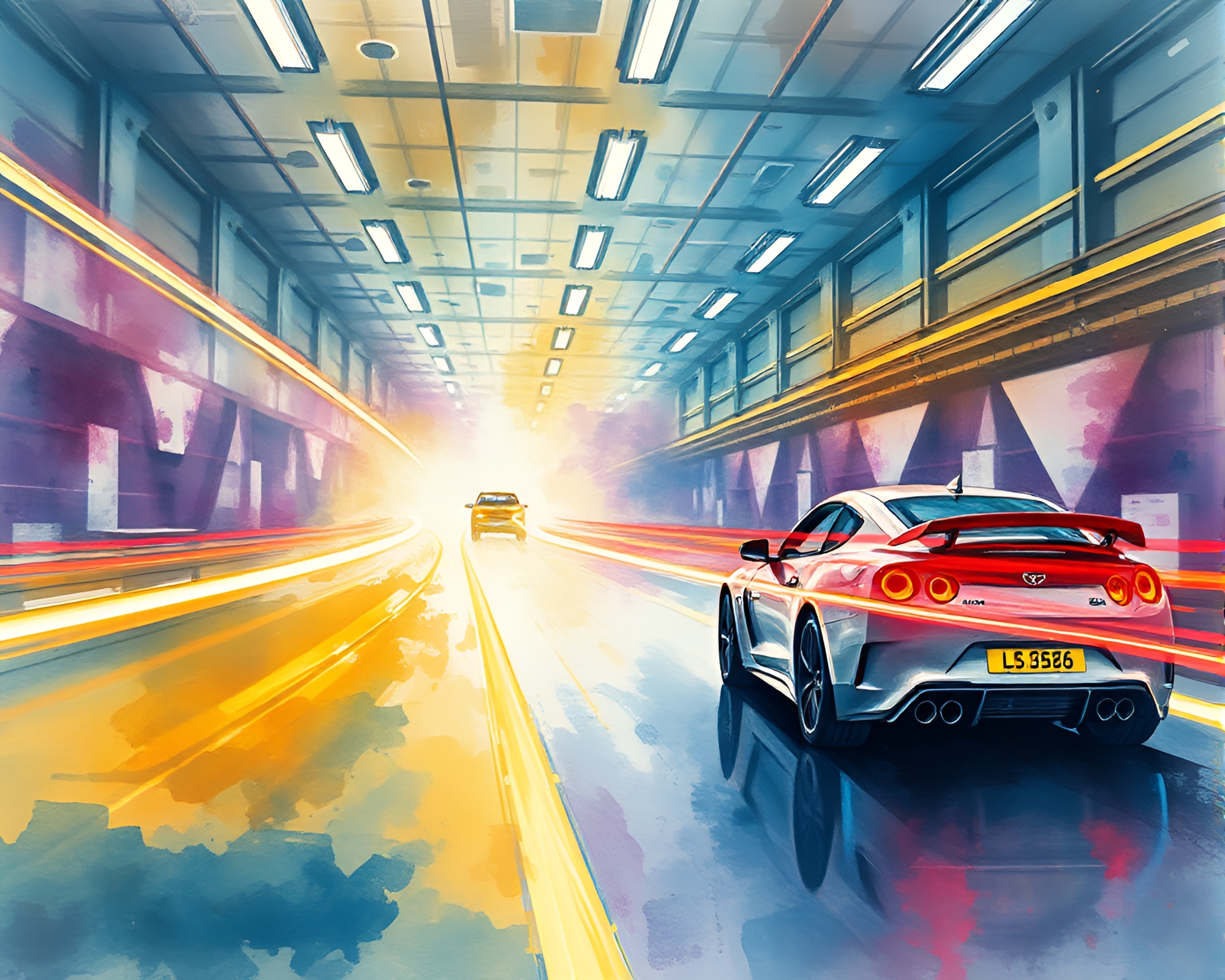 Robotic Laboratory with Car Light Trails Mural Painting – free AI stock image