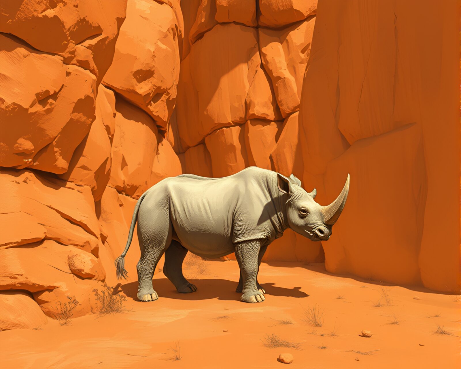 A detailed illustration of a rhinoceros in a shaded canyon