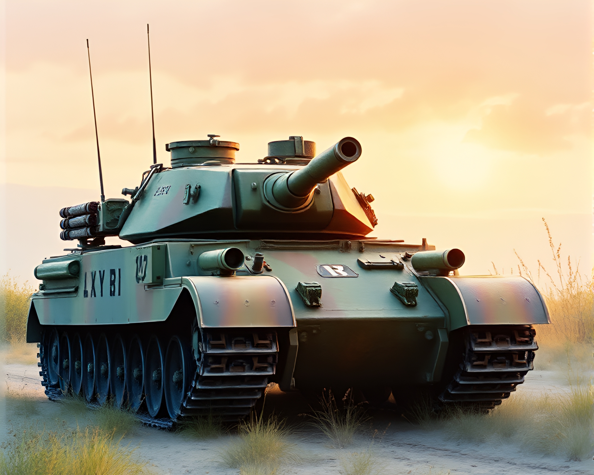 Watercolor blooms on armored tank under warm afternoon glow – free AI stock image