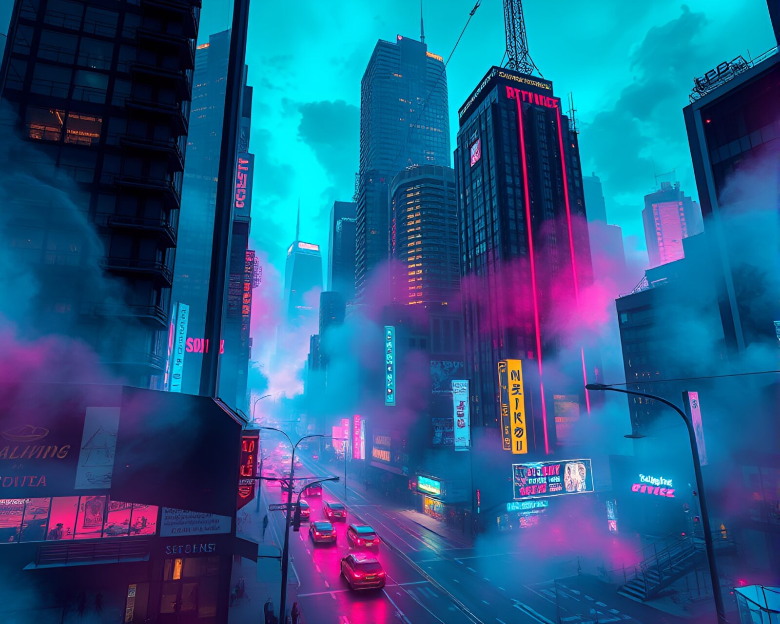 Futuristic city engulfed in colorful swirling steam clouds