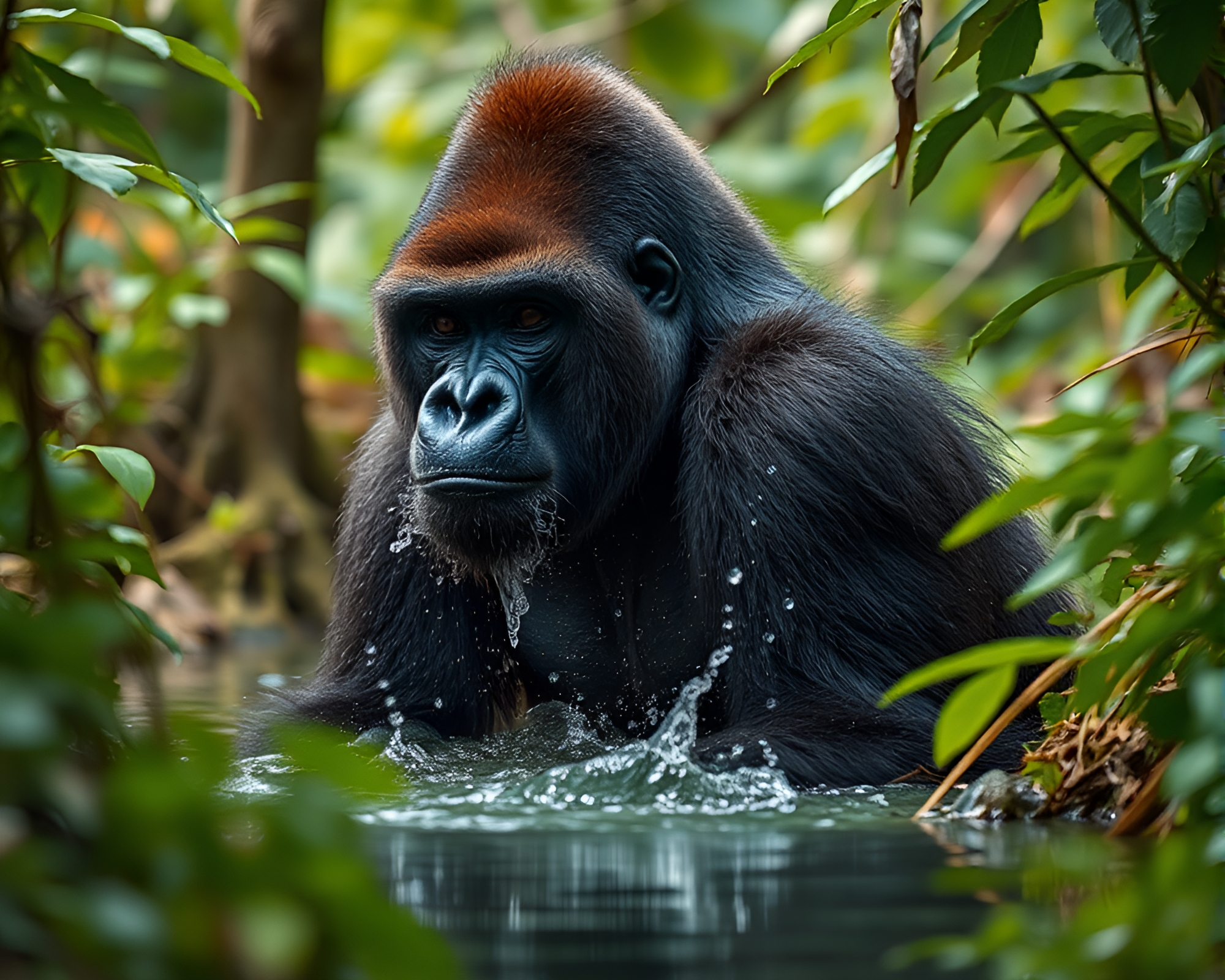 Gorilla in Water Distortion: Forest Green Shadows – free AI stock image