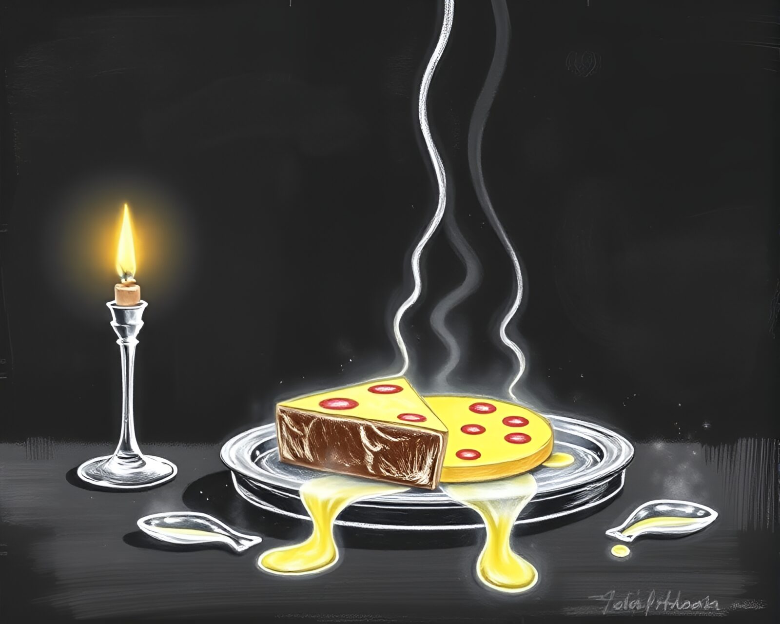 Misty fog surrounds a chalk-drawn platter of assorted cheeses