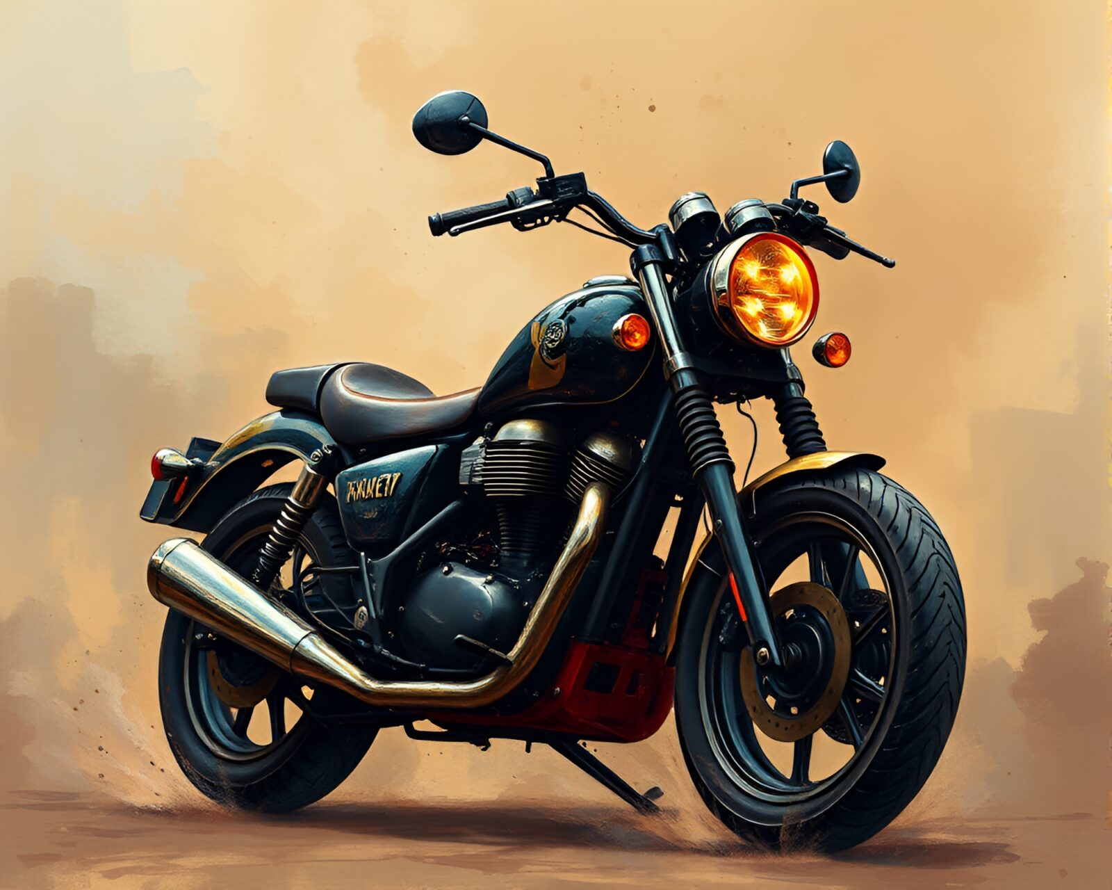 Gritty steampunk motorcycle amidst swirling acrylic paint splatters