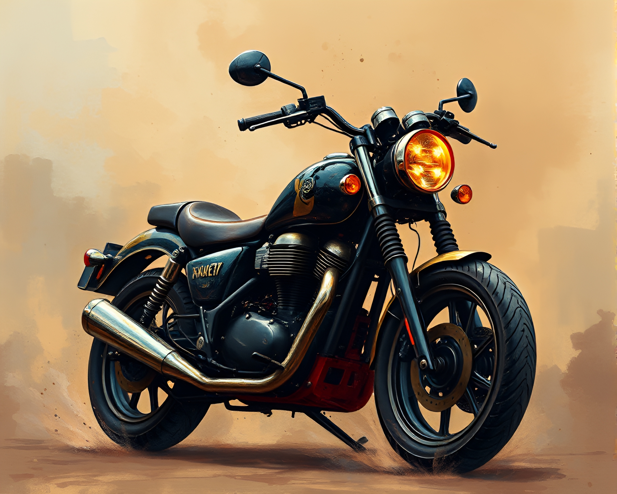 Acrylic Spattered Motorcycle in Smoky Steampunk Scene – free AI stock image