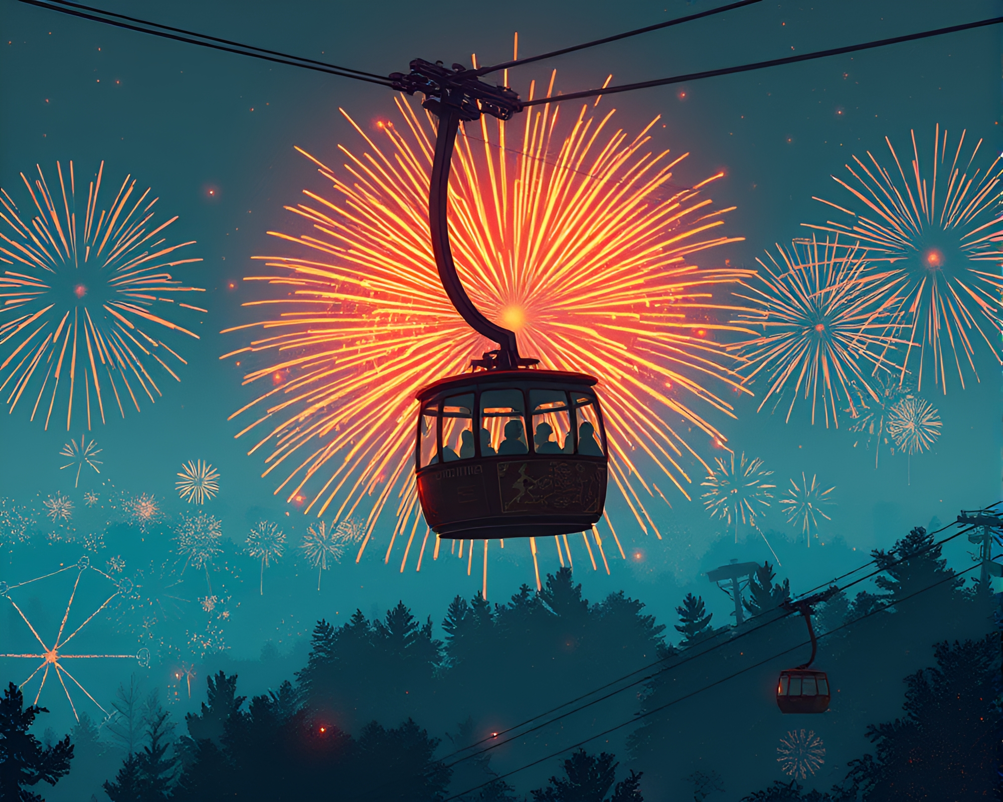 Cyberpunk Gondola under Copper Fireworks Bursting – free AI stock image