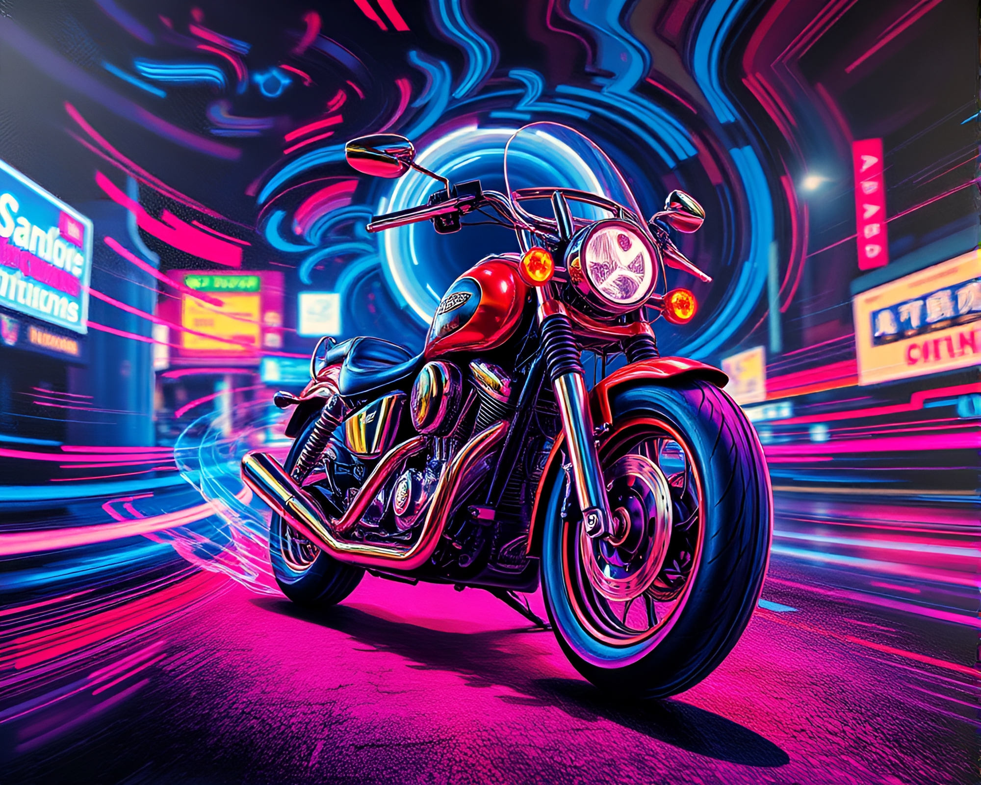 Retro Neon Motorcycle Ride Through Distorted Lens – free AI stock image