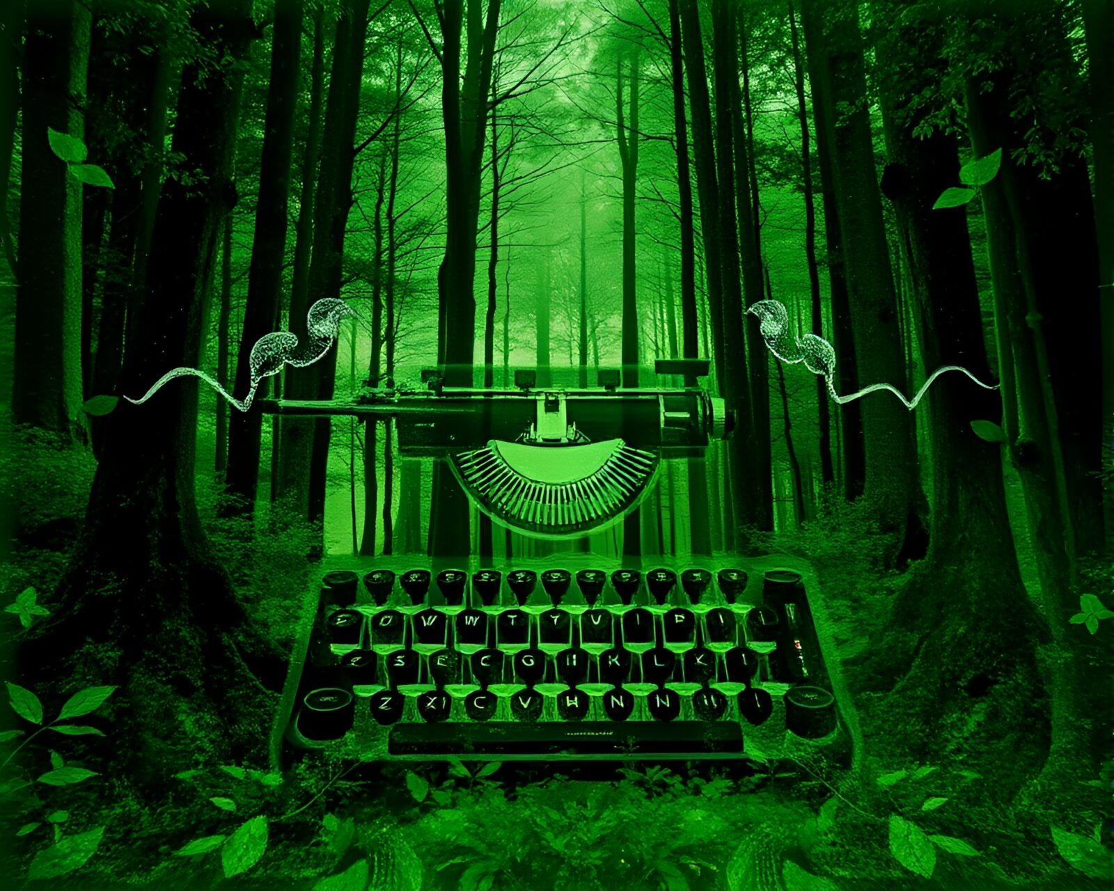 An antique typewriter merging with an enchanted forest in steampunk style
