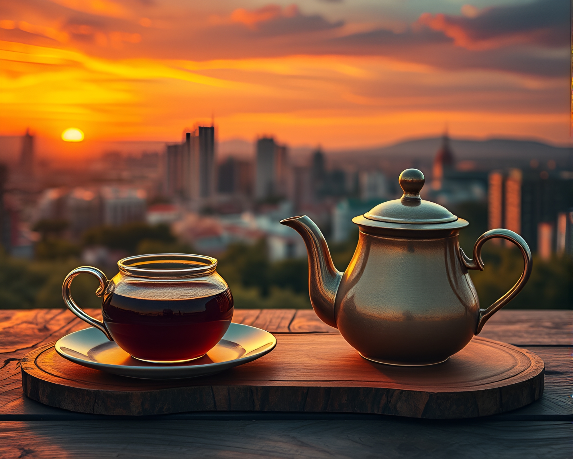 Surrealist Sunset Tea Set with Wood Grain Compositions – free AI stock image