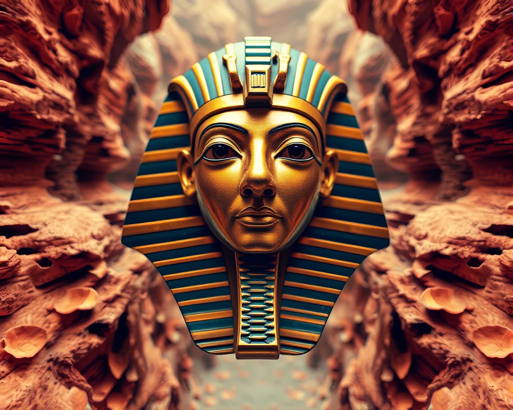 Pharaoh’s Mask amidst Rust Canyon Petals – free AI stock image