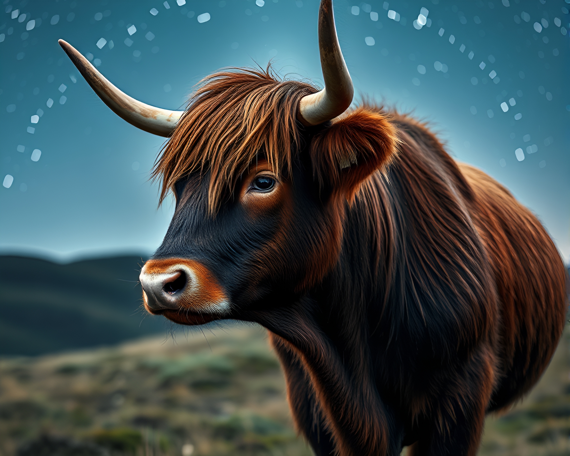 Highland Cow under Milky Way with Metallic Scratches – free AI stock image