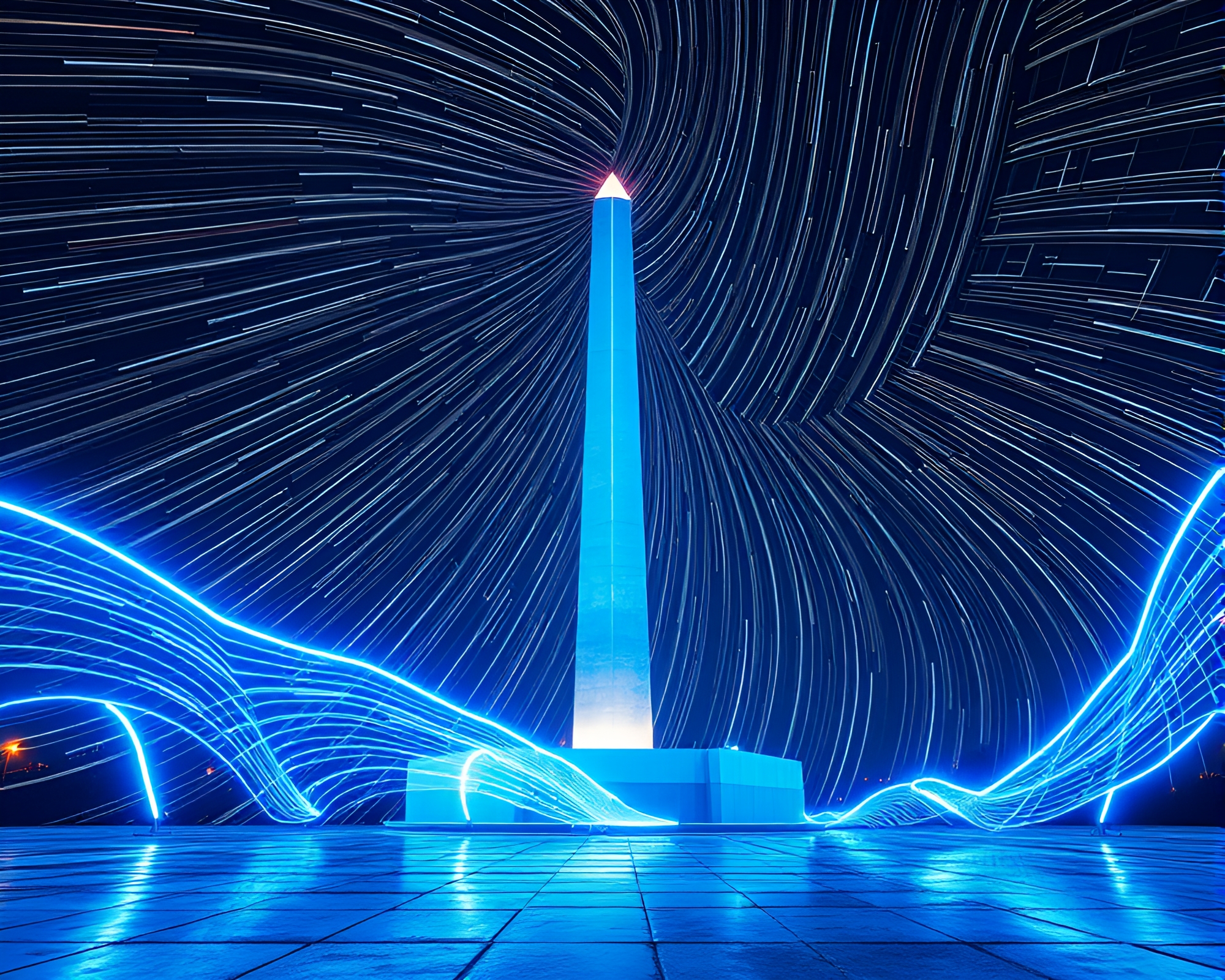 Vibrant Neon Star Trails Around Enigmatic Obelisk – free AI stock image
