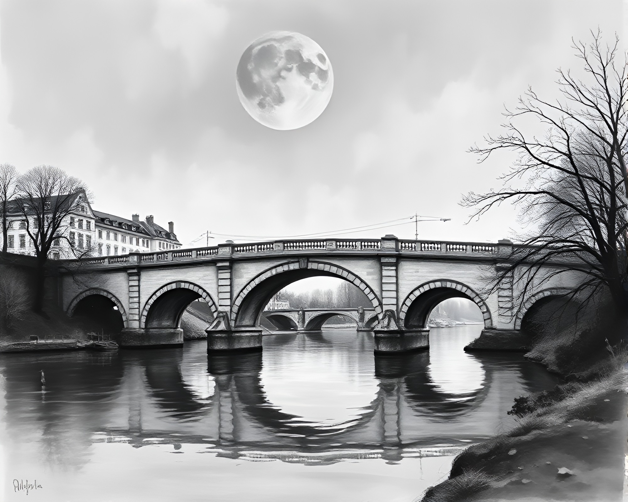 Ethereal Arch Bridge in Gouache with Selective Focus – free AI stock image