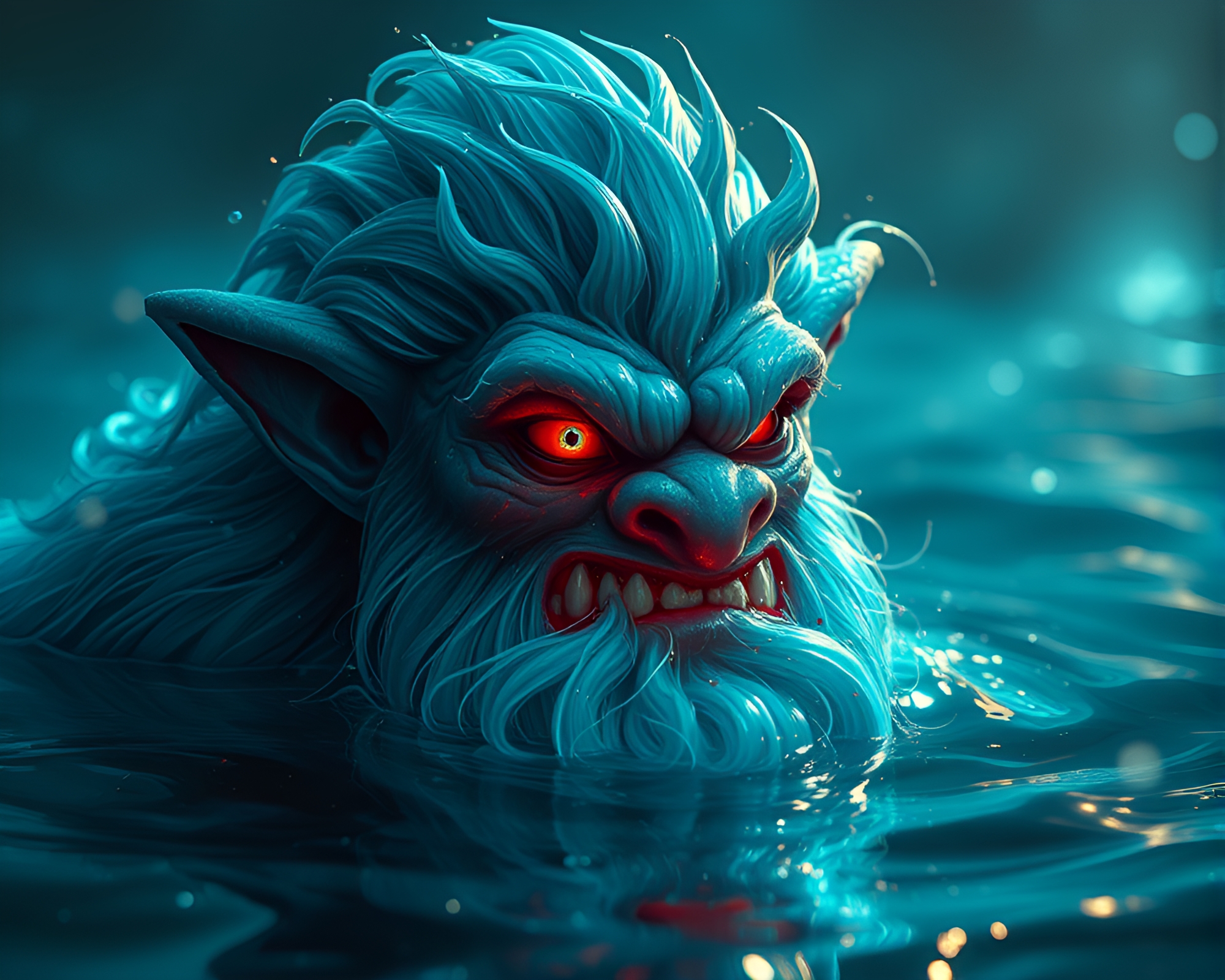 Phosphorescent Troll in AI-Generated Water Distortion – free AI stock image