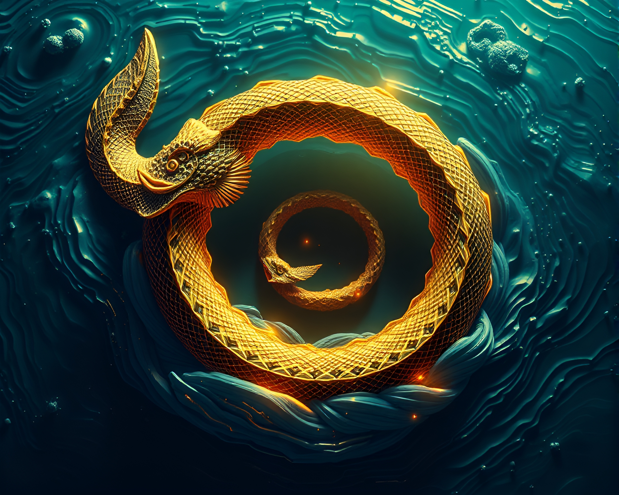 Leviathan emerging in golden spiral isometric illustration – free AI stock image