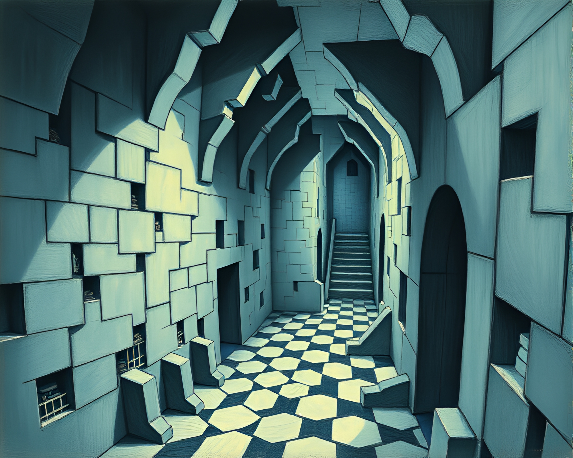 M.C. Escher-inspired Pastel Dungeon Scene – free AI stock image