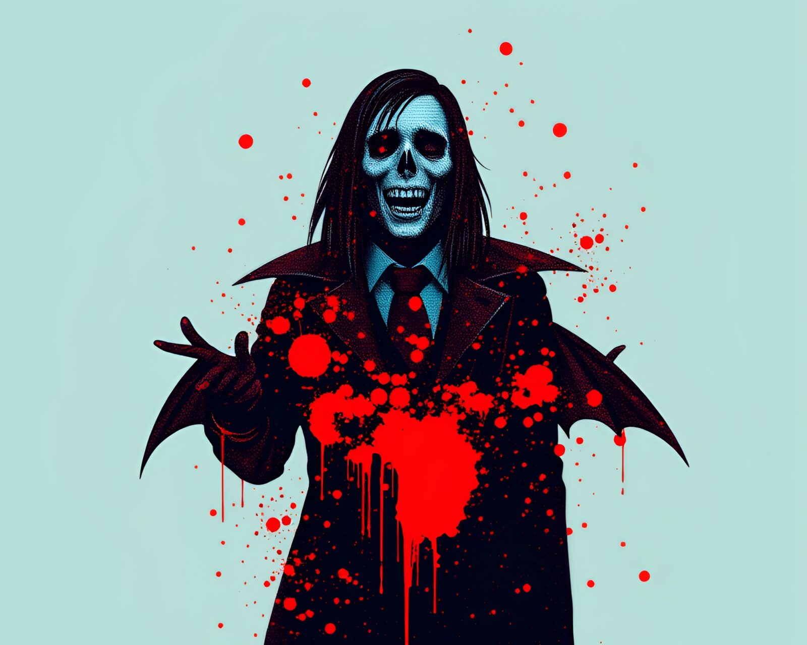 Abstract splatter art of vampire in red-blue duotone