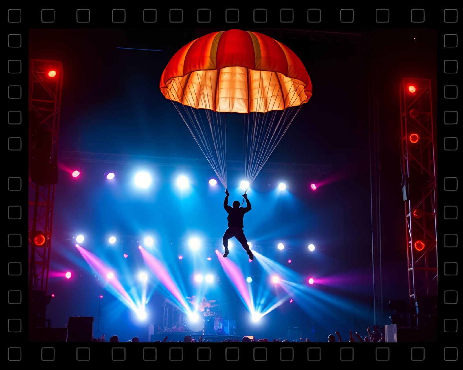 Artistic film strip border featuring parachutist in stage lights