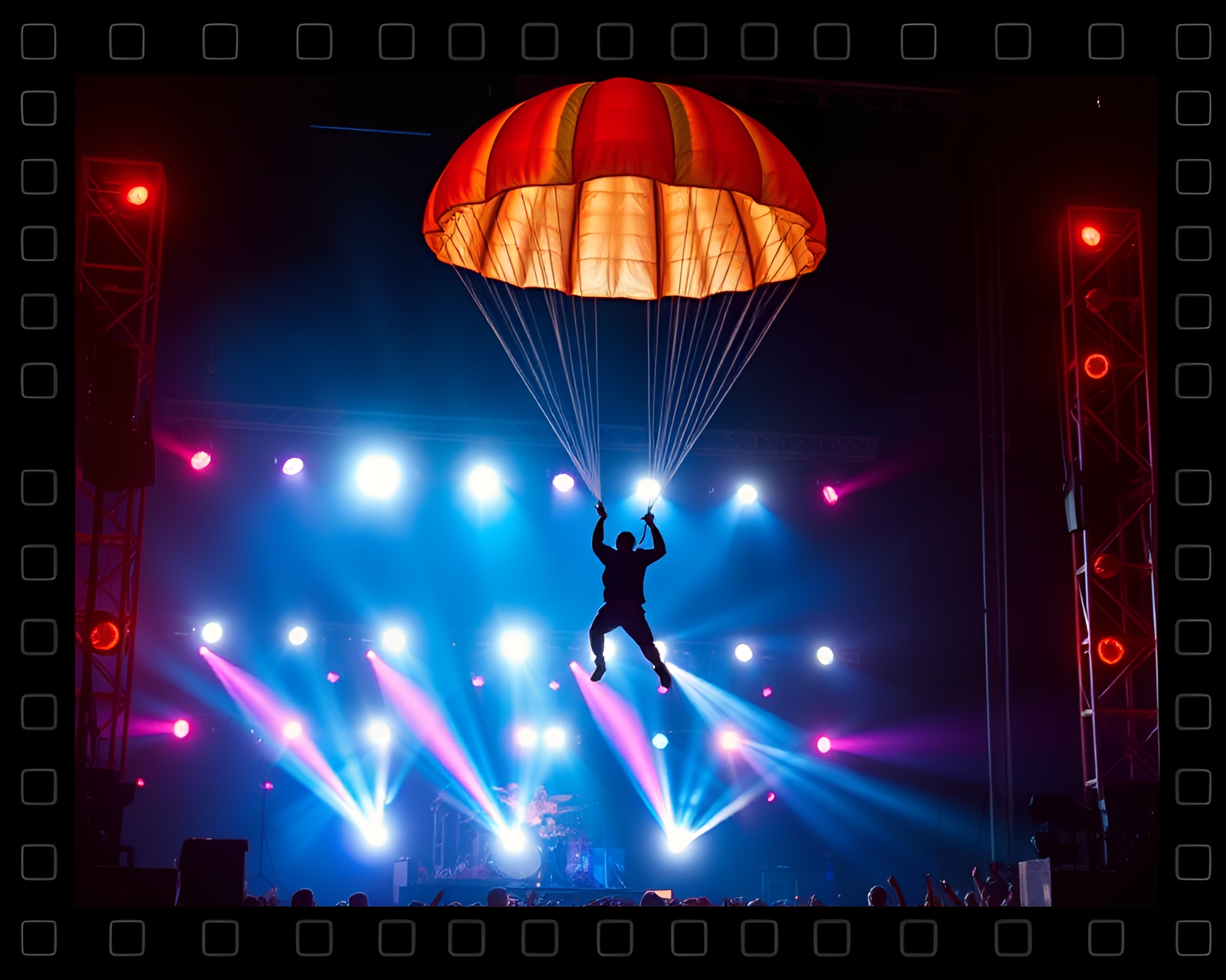 Double Reflection of Parachute Jumper in Concert Lights – free AI stock image