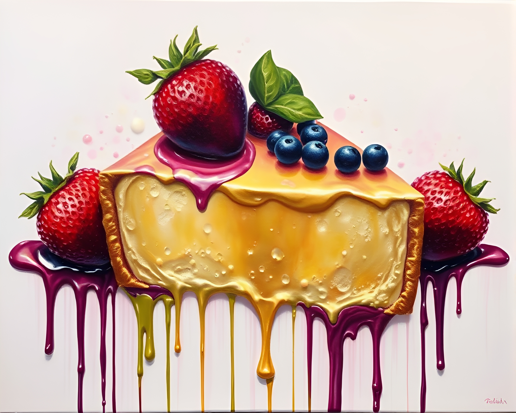 Vibrant Fruit Tart with Metallic Paint Drips – free AI stock image
