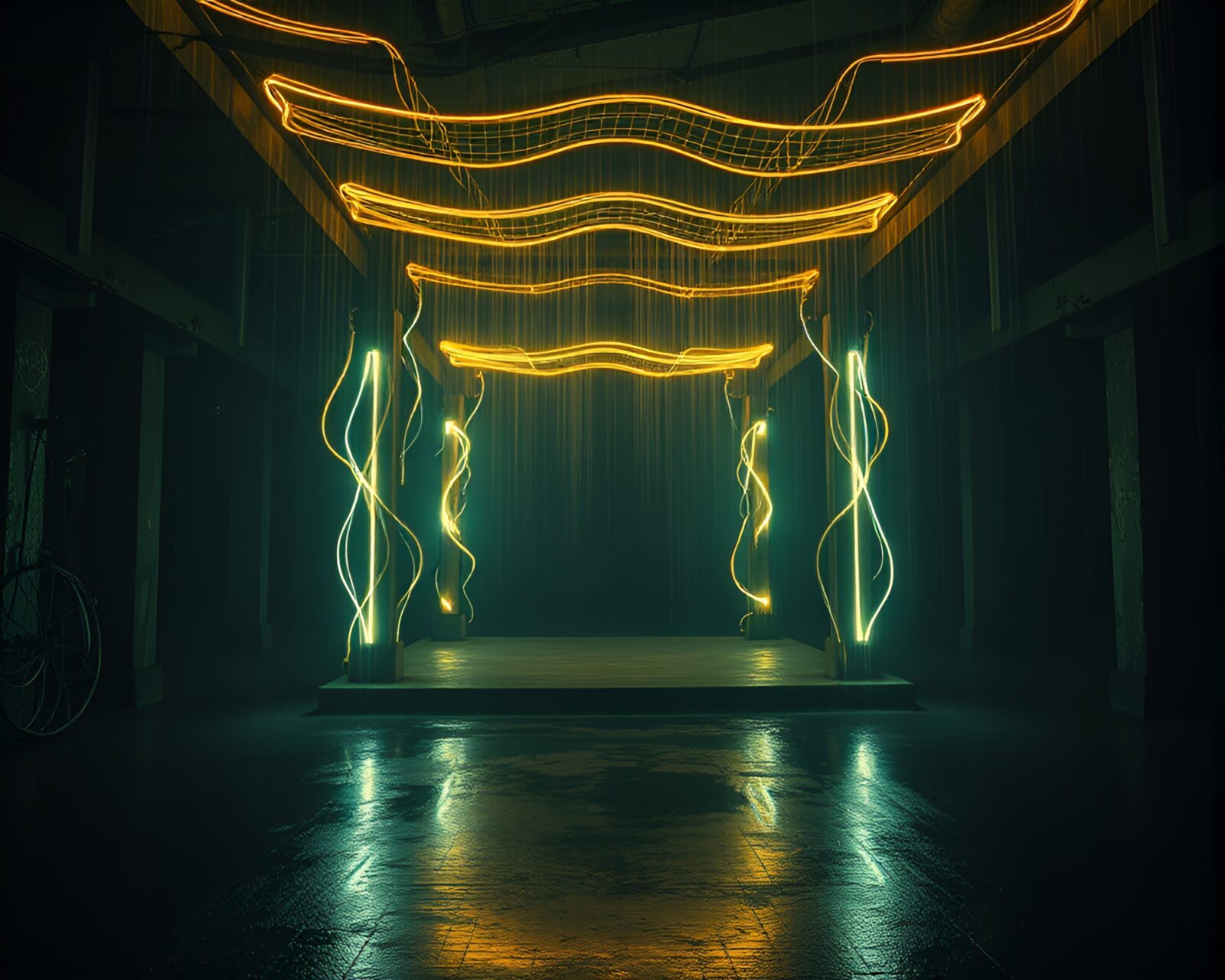 Surreal scene with car light trails and floating structure