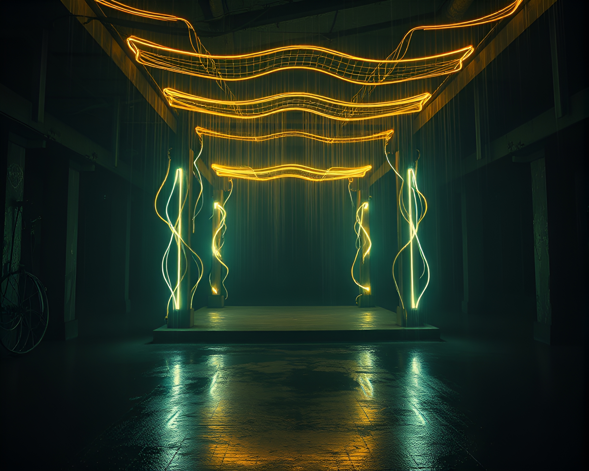Urban Night Lights: Car Trails and Floating Pavilion – free AI stock image