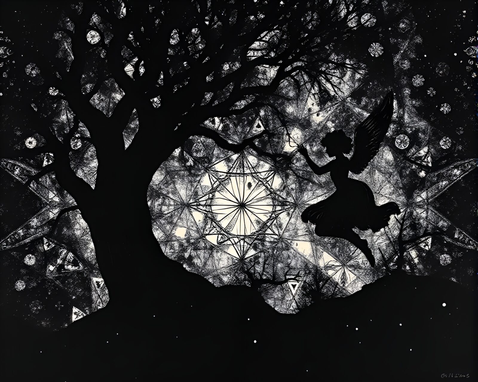 Dramatic chiaroscuro lithograph of a fairy surrounded by geometric patterns