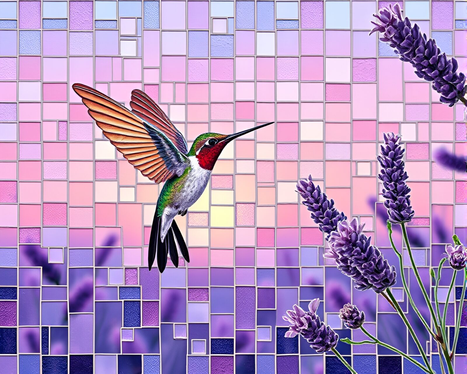Lavender twilight setting with a mosaic hummingbird design