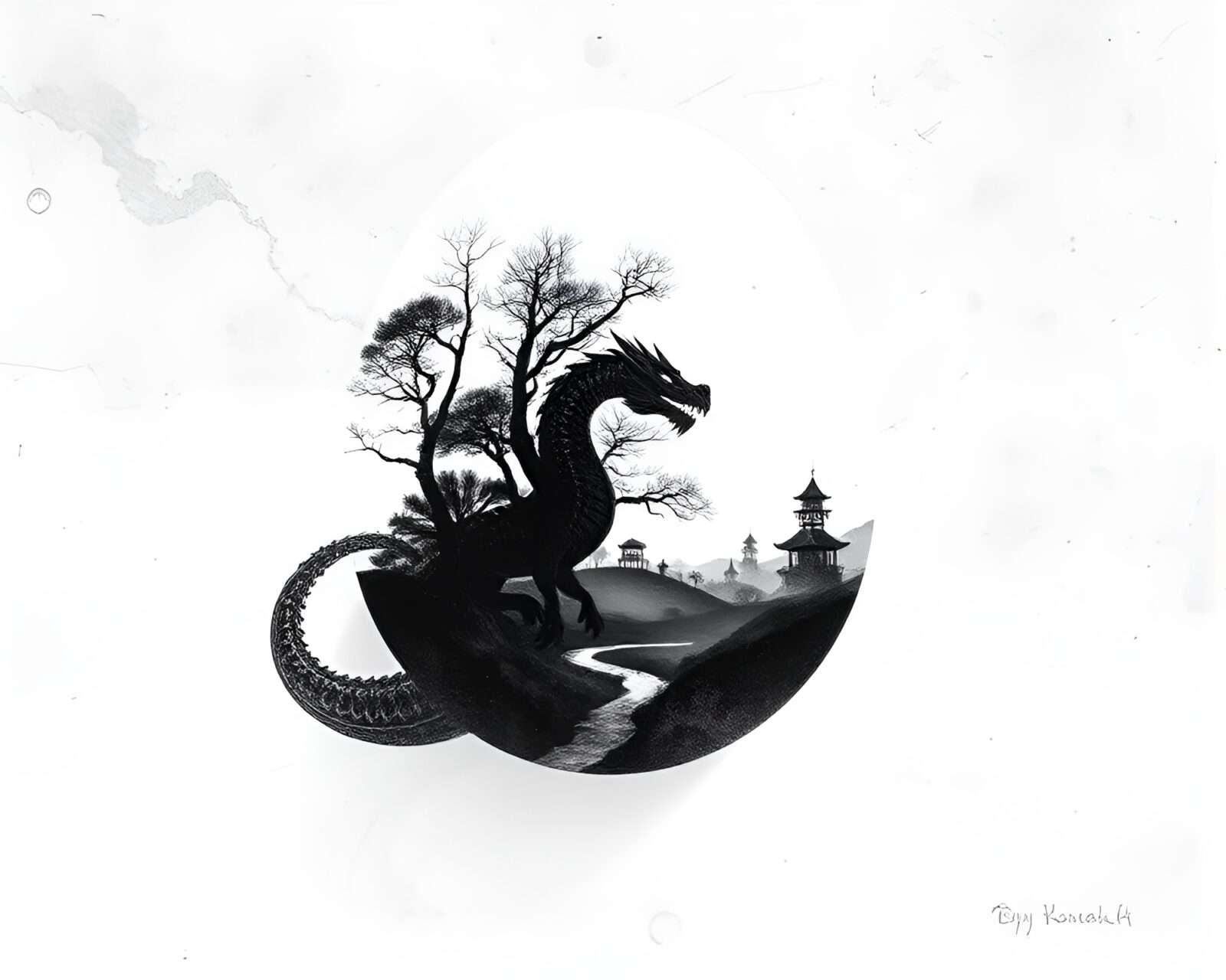 Whimsical double exposure of glowing dragon egg in etched landscape