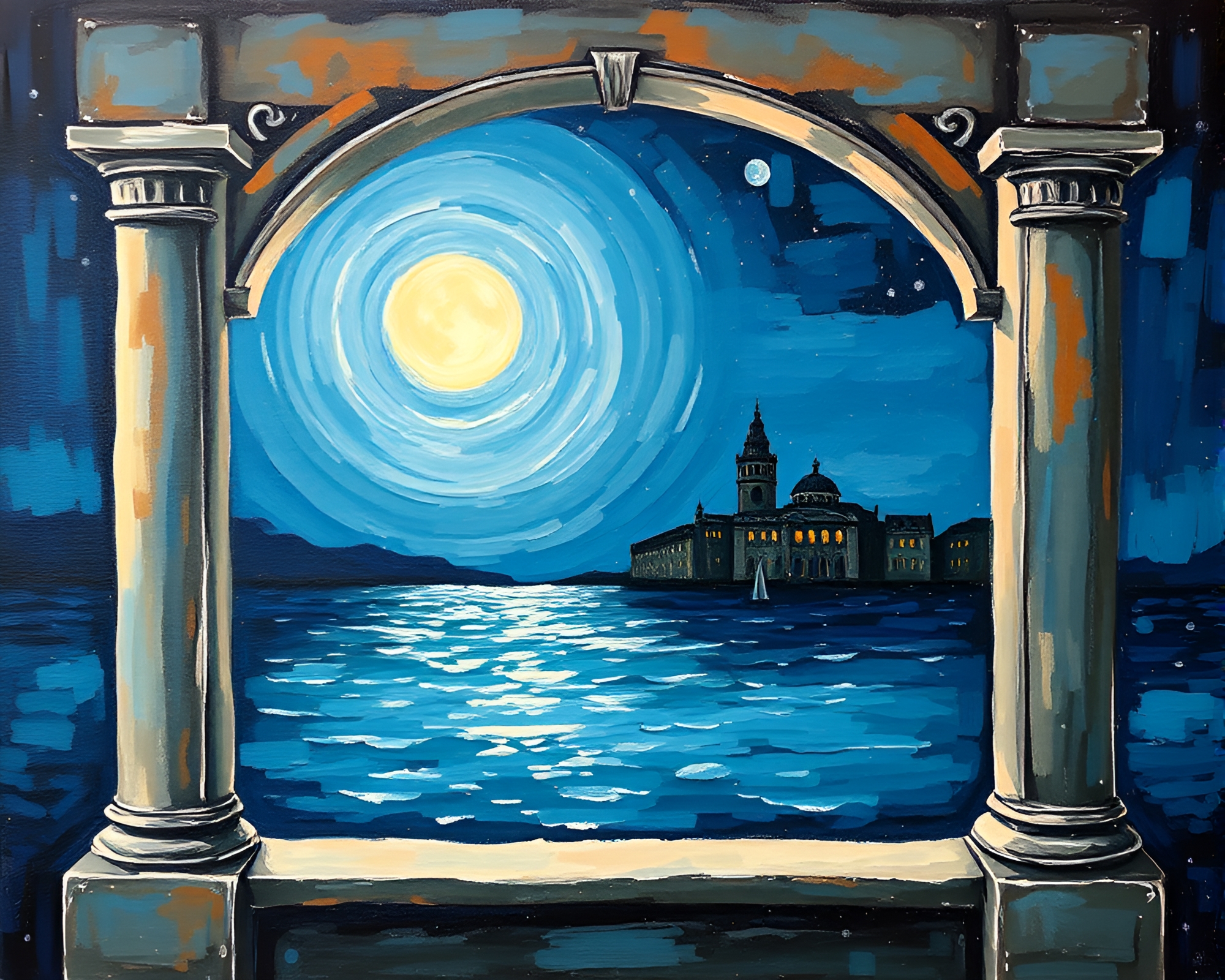 Moonlit Mermaid Archway in Palette Knife Painting – free AI stock image