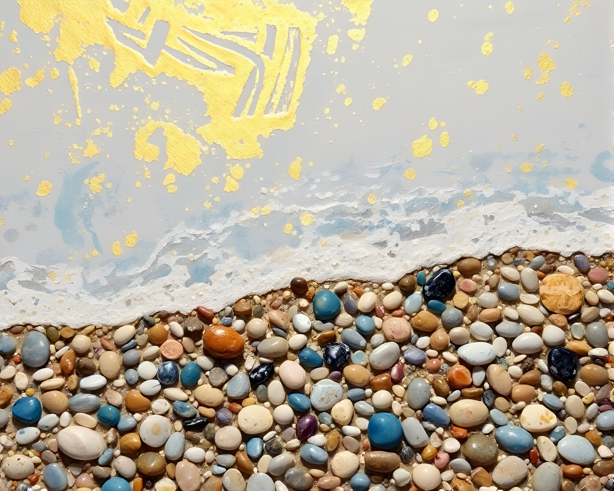 Golden Foil Pebble Beach Impressionist Painting – free AI stock image