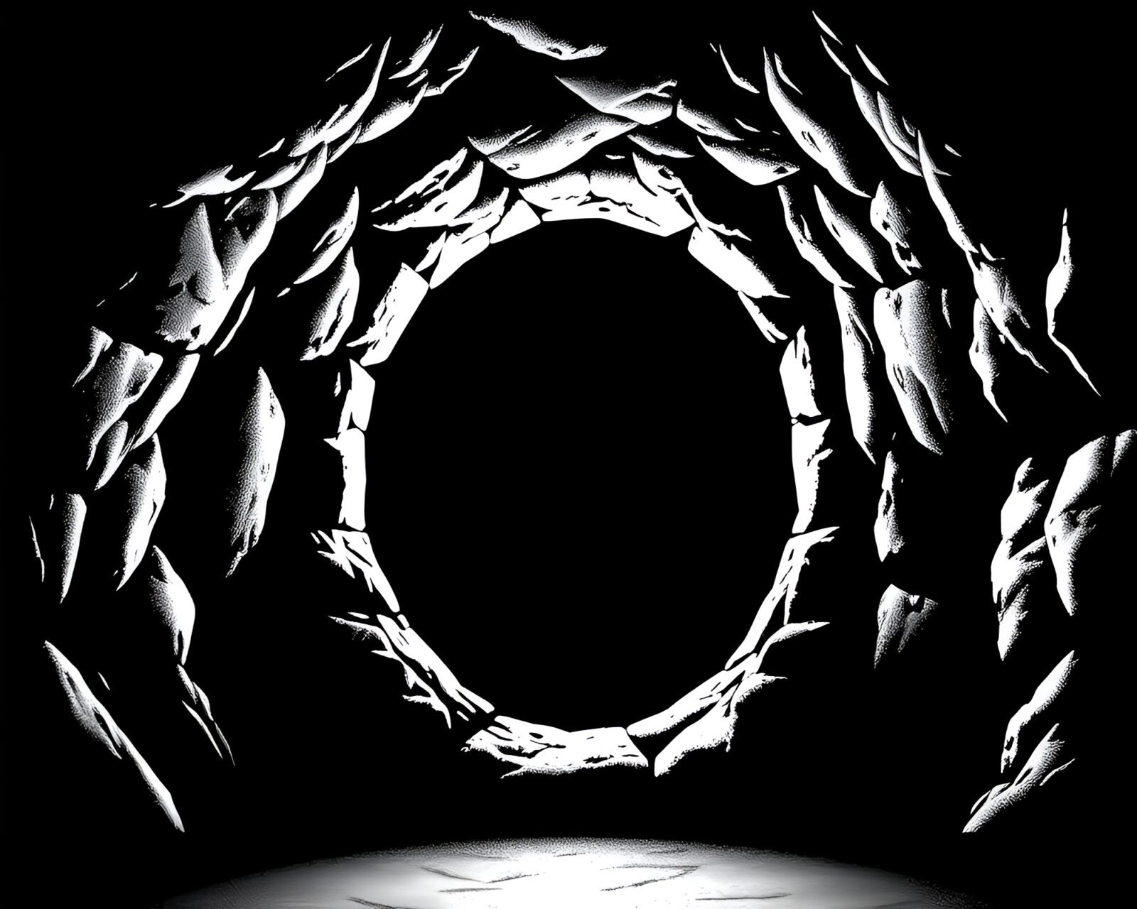Abstract digital art of halftone ring in shaded cave
