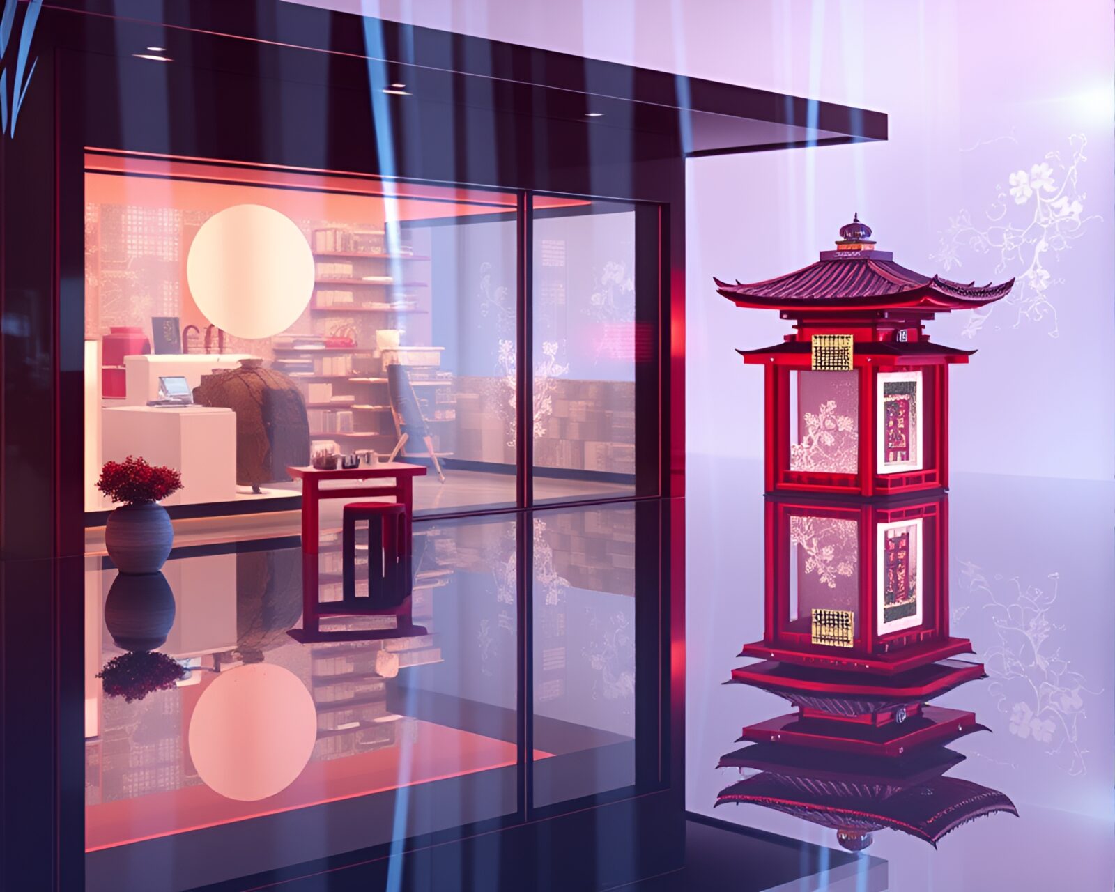 16-bit chrome reflection of silk kimono in misty setting