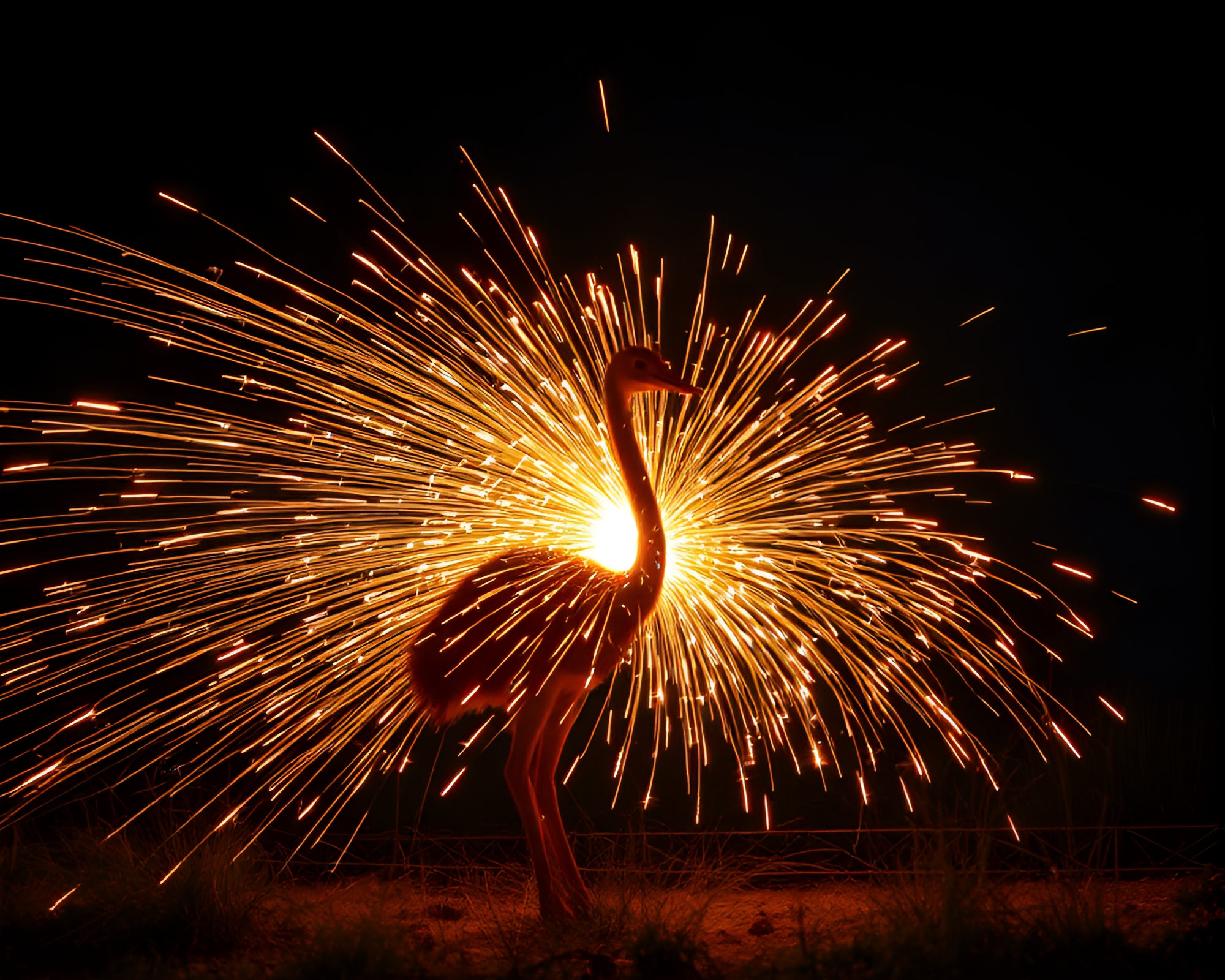 Golden Hour Ostrich Hatchling with Sparkler Trails – free AI stock image