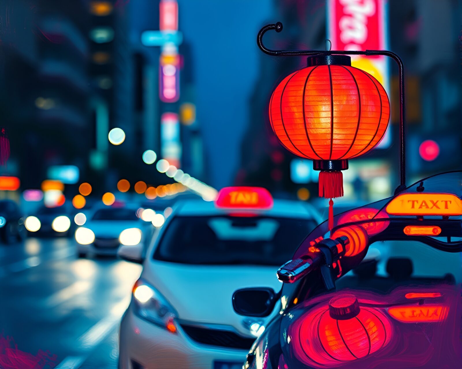 Blurred taxi moving past glowing magenta lanterns in fresco painting