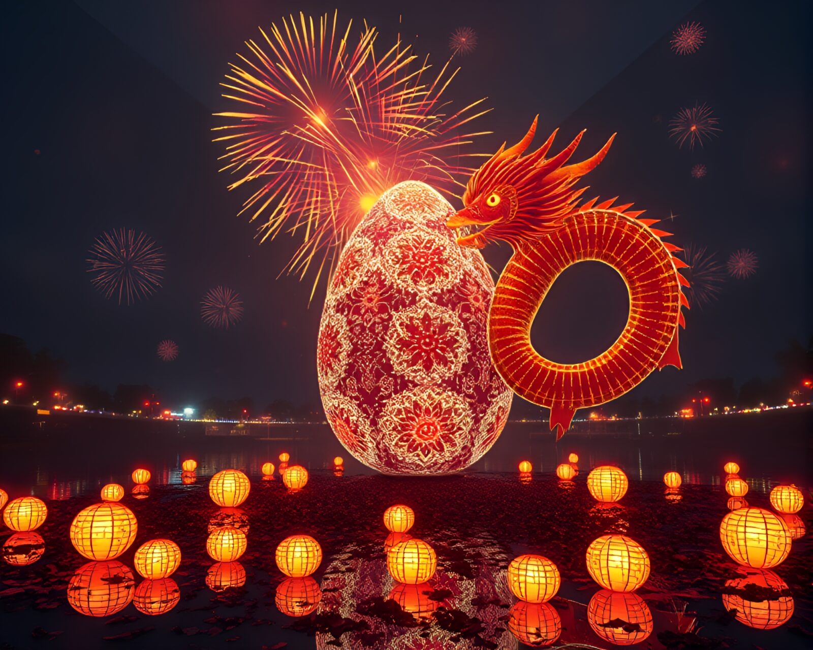 Fantastical image of a glowing dragon egg with reflections