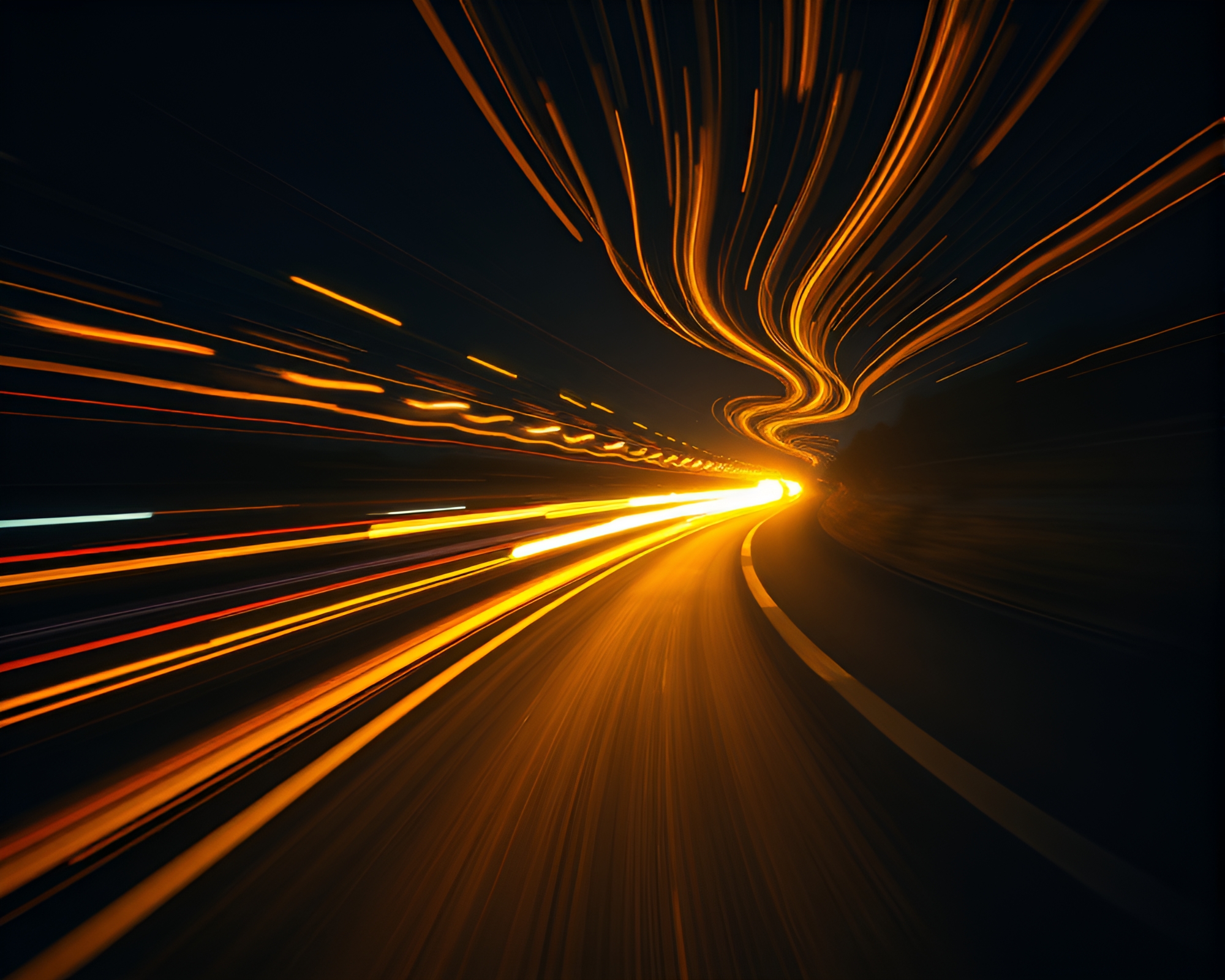 Psychedelic Car Light Trails in Mustard Yellow Swirl – free AI stock image