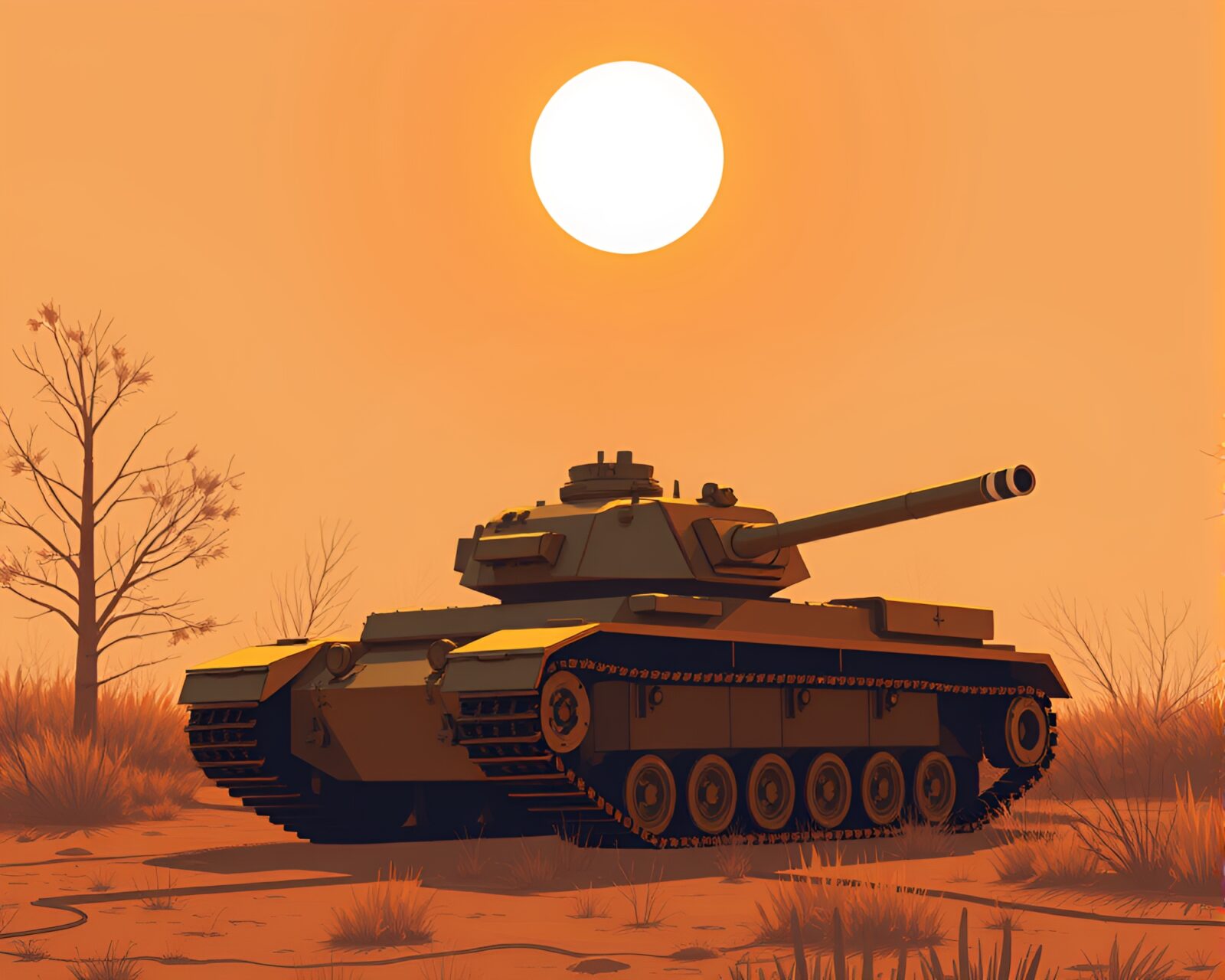 Flat color illustration of golden-hued tank glistening under sunlight