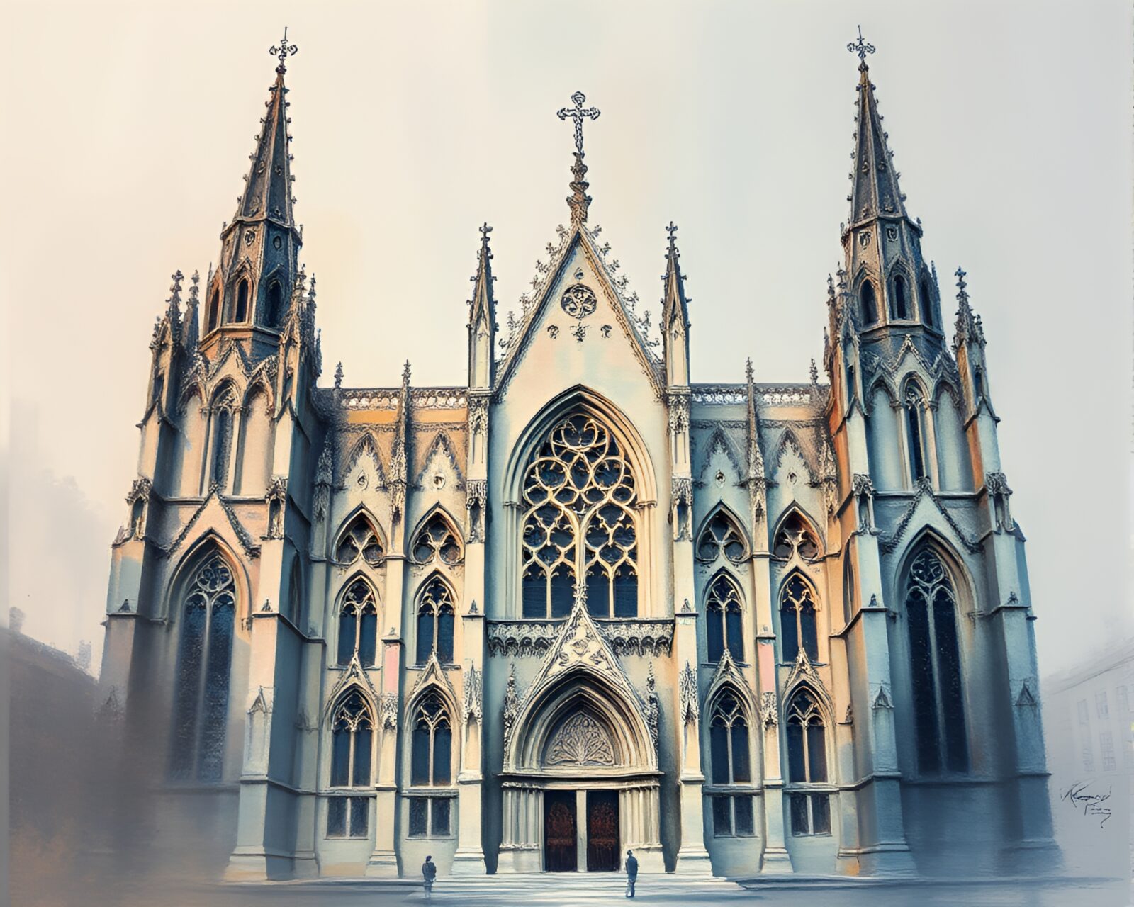 Écorché study of Gothic cathedral with soft pastel textures
