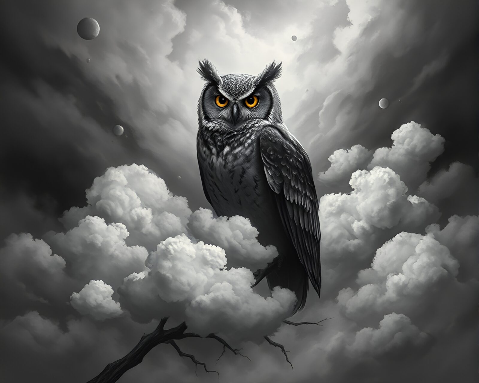 Grisaille depiction of clockwork owl in eerie clouds